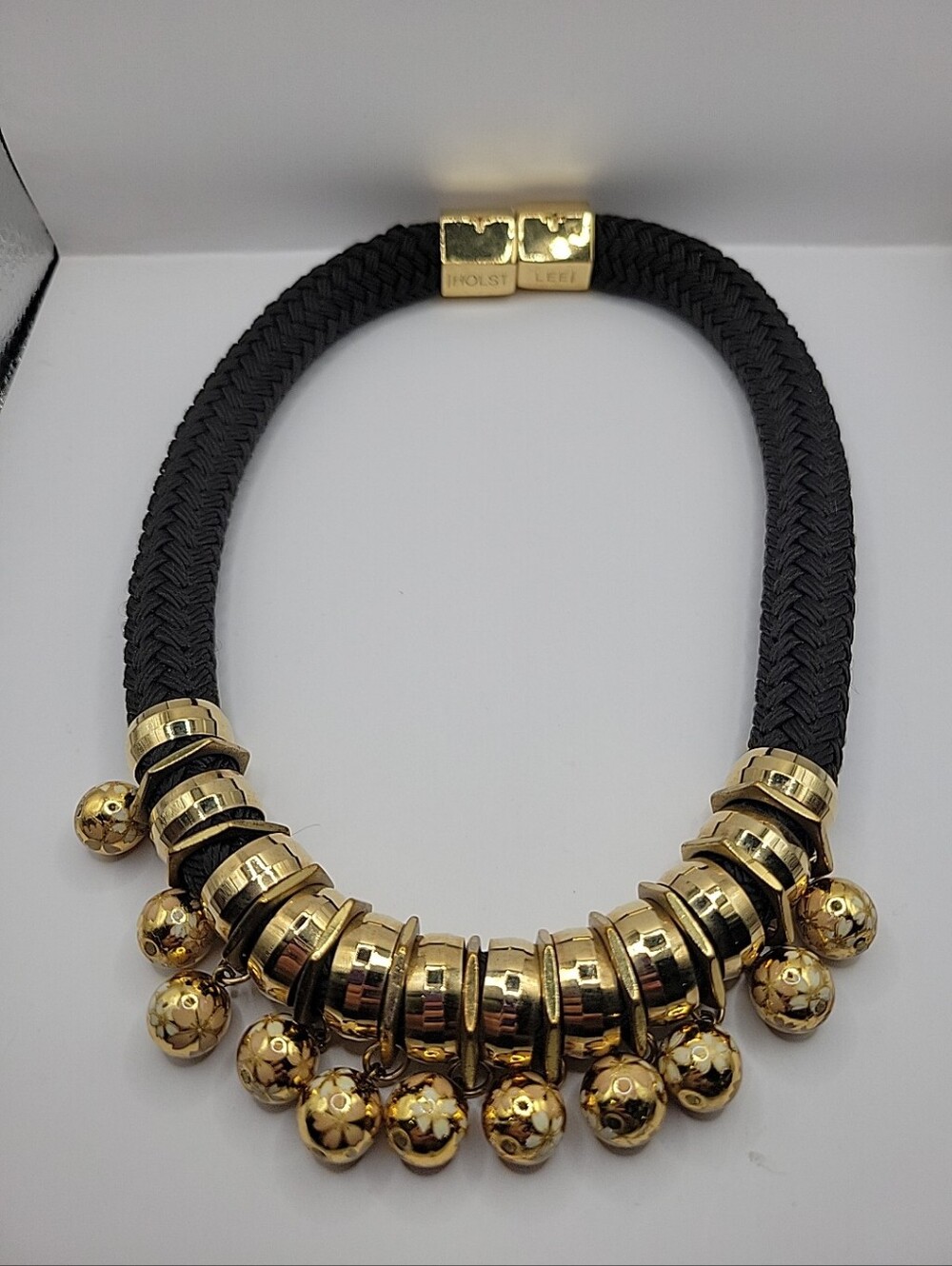 Holst + Lee Floral Gold Ball Charm Black Braided Necklace Chunky, Boho, Party. - Picture 2 of 9